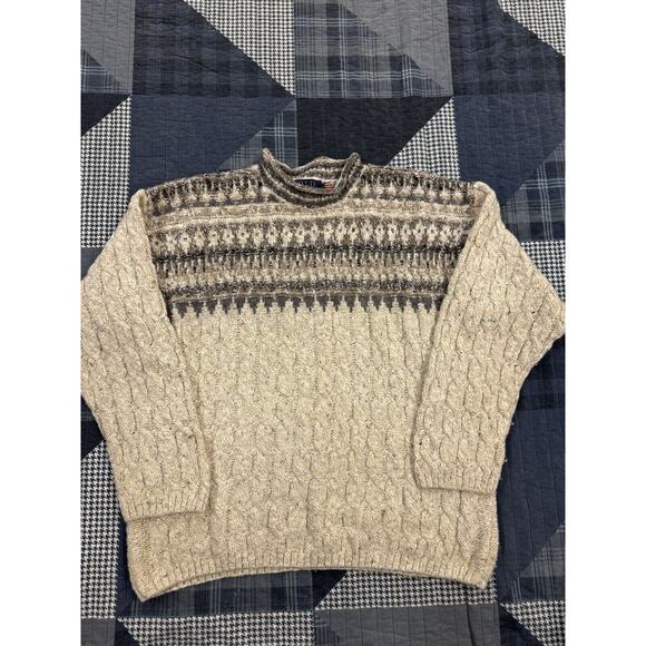 Vintage 90s Aztec Old Glory Sweater Chunky Cable Knit Wool Made in‎ USA Mens L - Picture 1 of 7